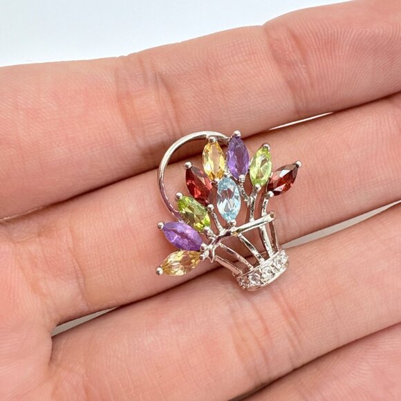 VTG Sterling Silver 925 Multi-Gemstone Flower Basket Pendant Size 0.75" Length - Picture 8 of 11